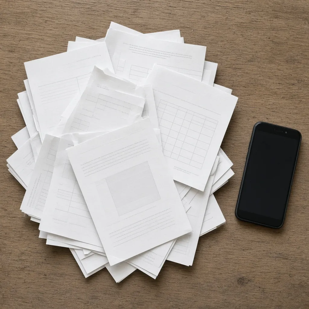 Pilha de folhas soltas e misturadas ao lado de um celular. Imagem ilustrativa