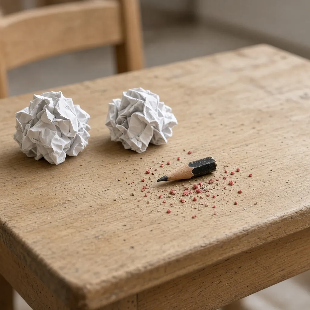 Bolas de papel amassado e um lápis quebrado sobre uma mesinha. Imagem ilustrativa