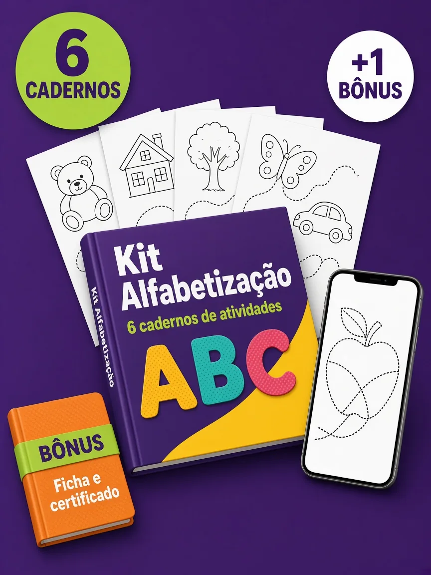 Montagem ilustrativa do Kit Alfabetização: livro com a capa, páginas do material e celular