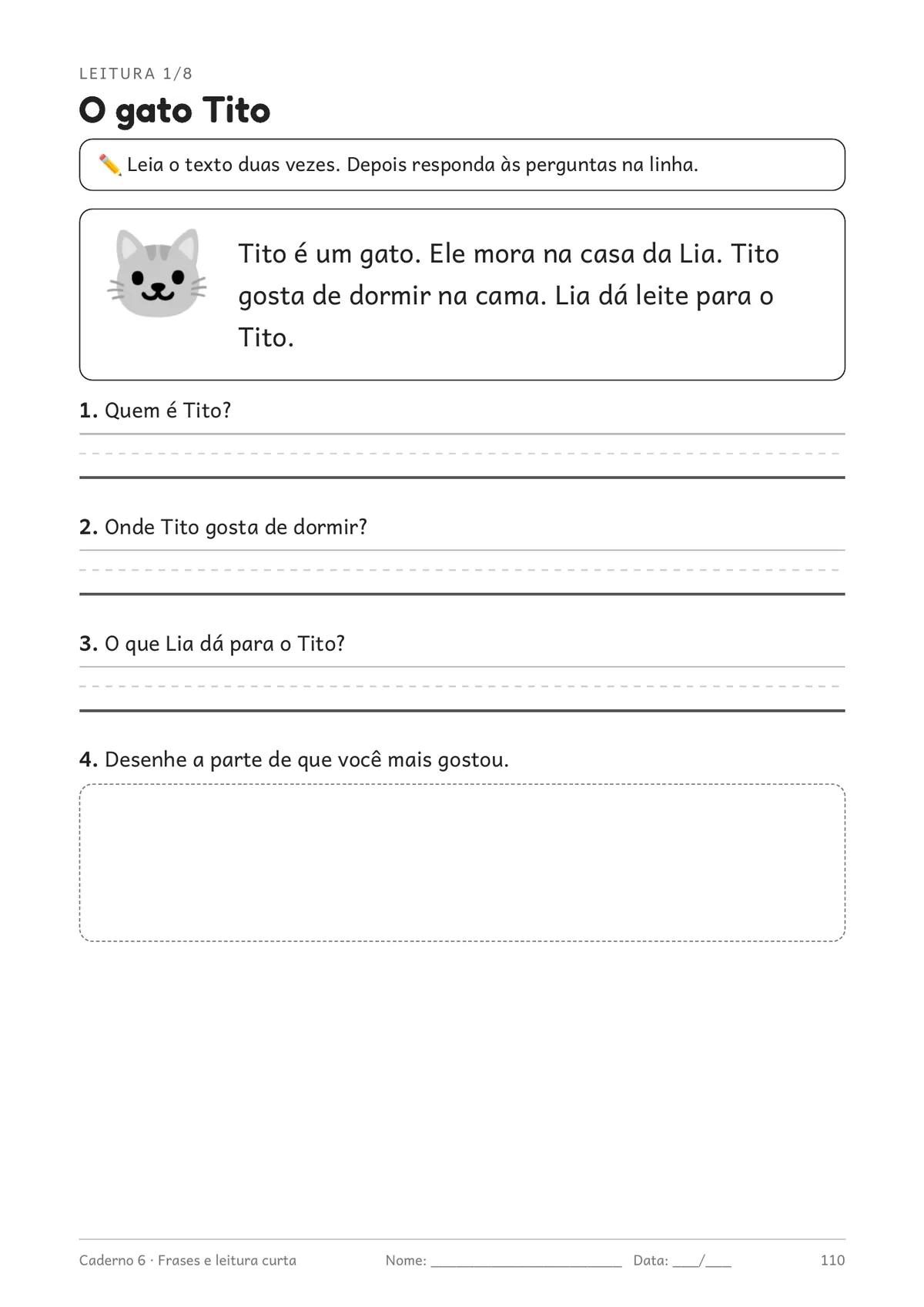Página real do PDF Kit Alfabetização: caderno 6, leitura curta