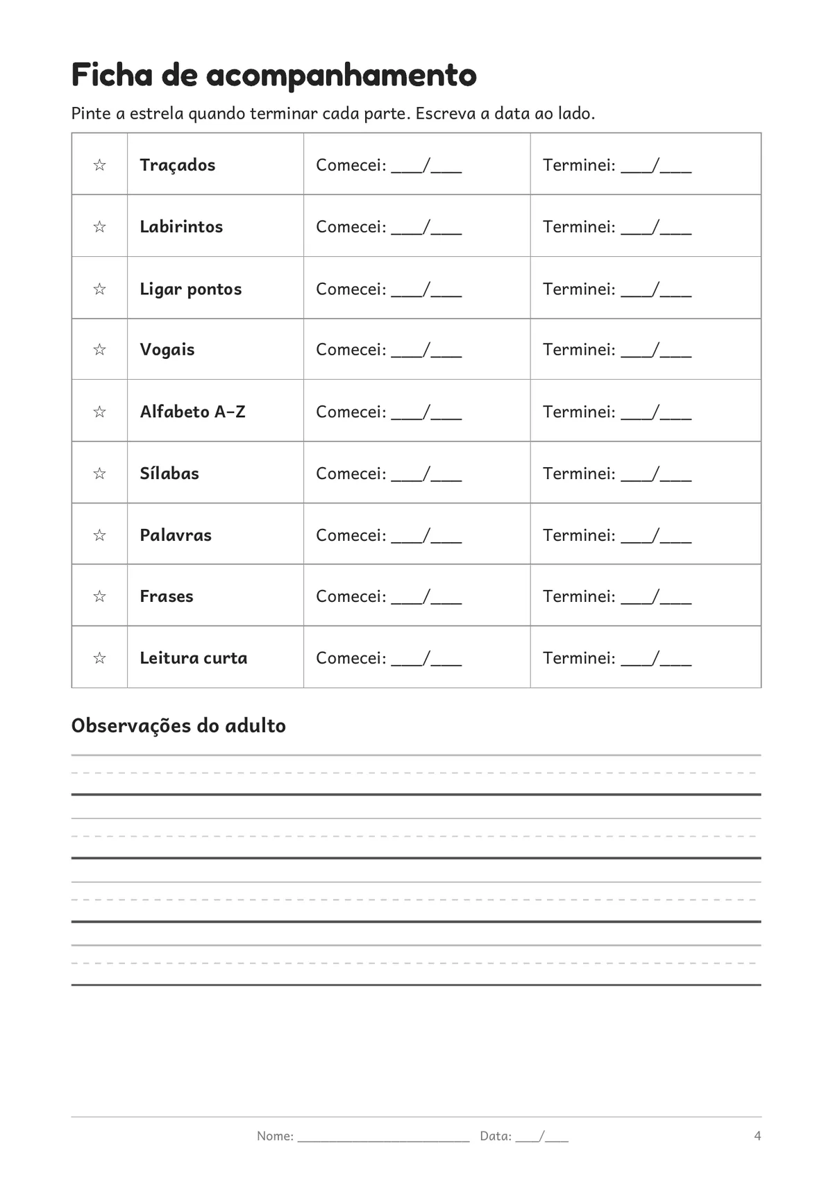 Página real do PDF Kit Alfabetização: ficha de acompanhamento