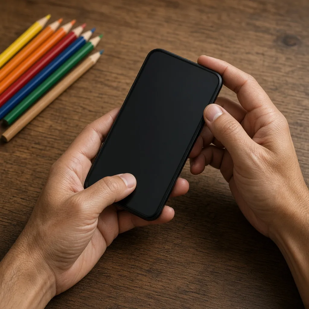 Mãos segurando um celular, com lápis de cor sobre a mesa. Imagem ilustrativa